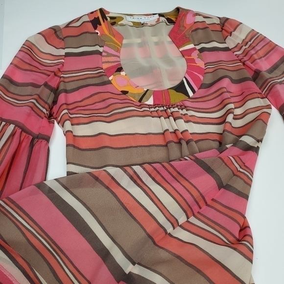Trina Turk Sheer Pink Bell Sleeve Striped Boho Dress 2 - Picture 13 of 16